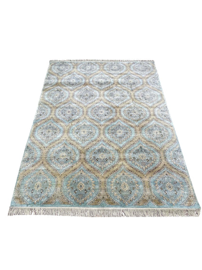 Blue and Camel, Pure Silk Regular Transitional Handknotted 8.0x10.0Ft 244x305Cms Area Rug