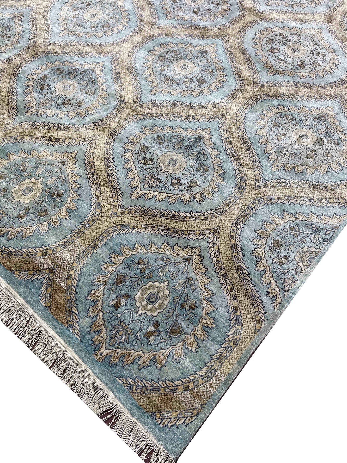 Blue and Camel, Pure Silk Regular Transitional Handknotted 8.0x10.0Ft 244x305Cms Area Rug
