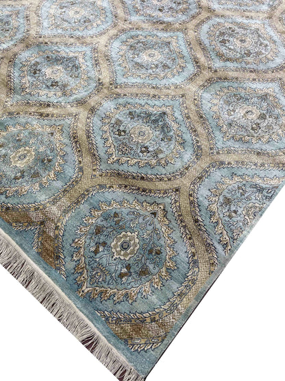Blue and Camel, Pure Silk Regular Transitional Handknotted 8.0x10.0Ft 244x305Cms Area Rug
