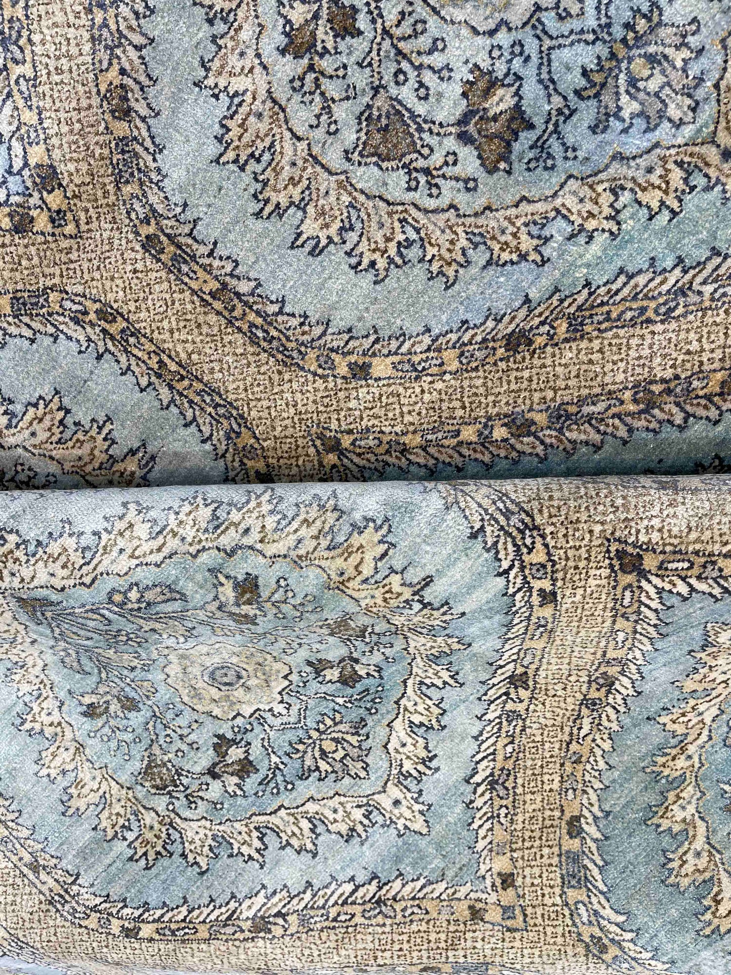 Blue and Camel, Pure Silk Regular Transitional Handknotted 8.0x10.0Ft 244x305Cms Area Rug