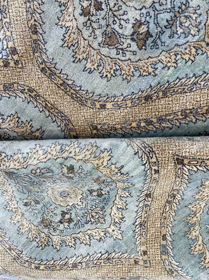 Blue and Camel, Pure Silk Regular Transitional Handknotted 8.0x10.0Ft 244x305Cms Area Rug