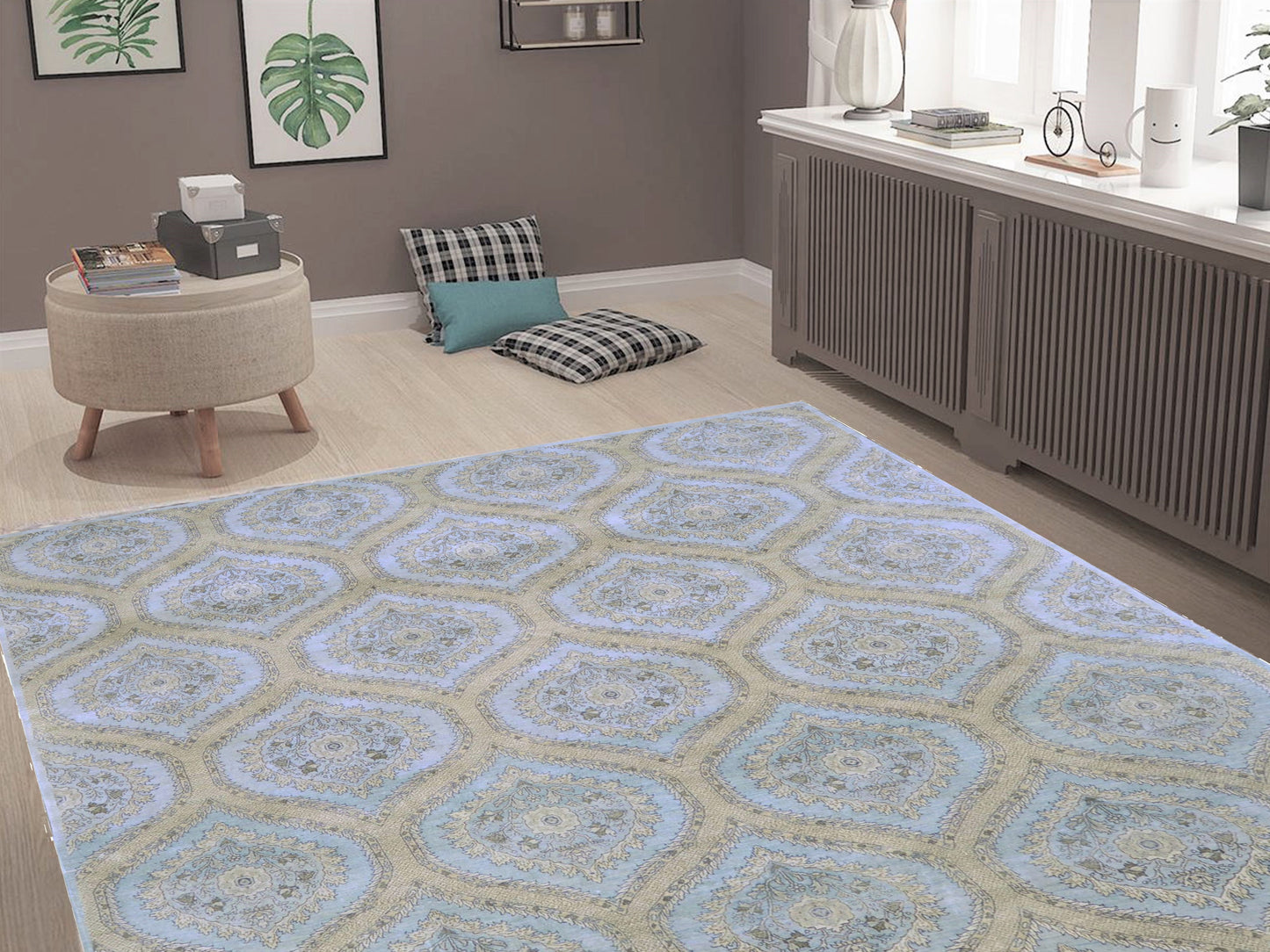 Blue and Camel, Pure Silk Regular Transitional Handknotted 8.0x10.0Ft 244x305Cms Area Rug