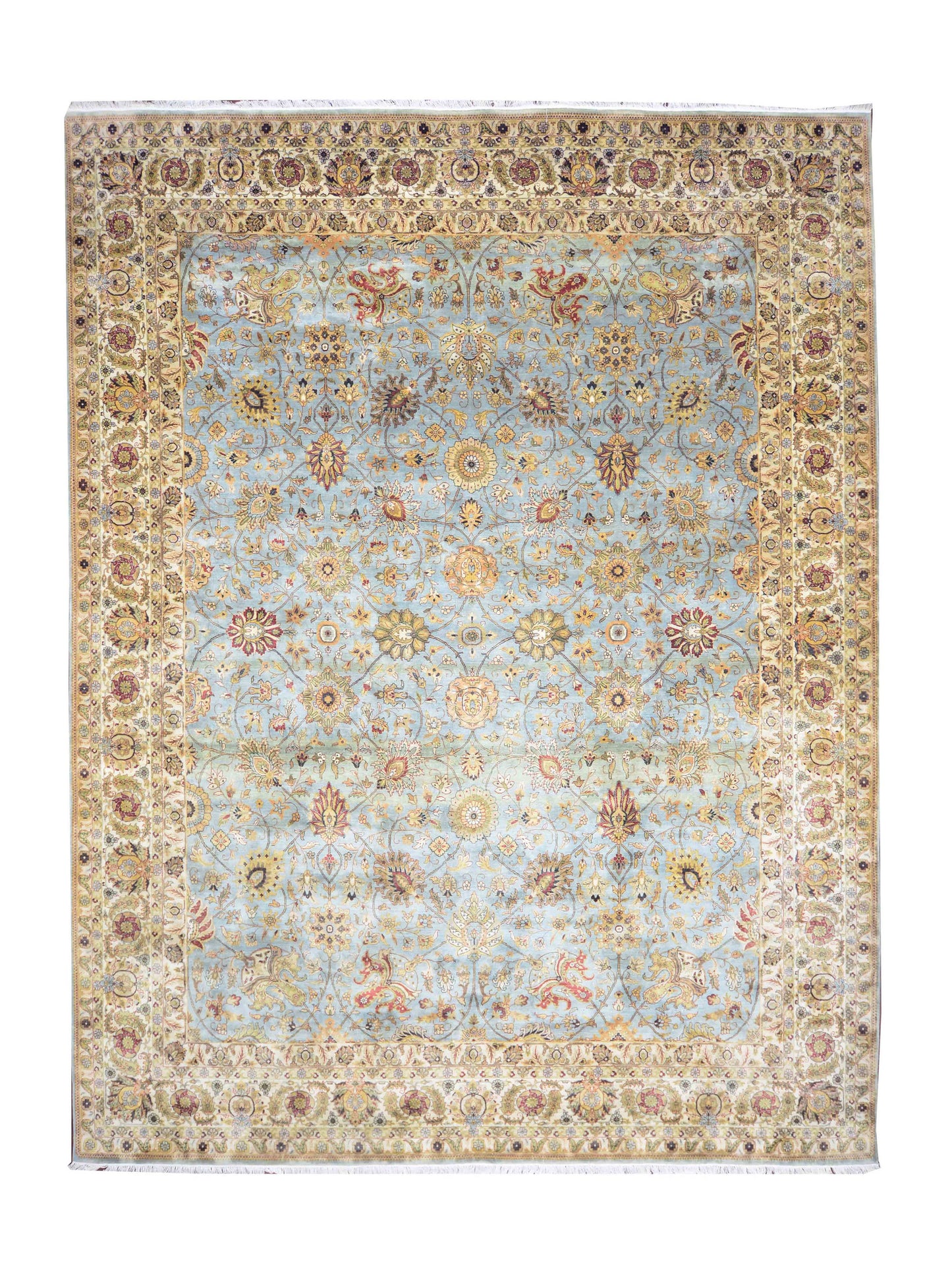 L.Blue and Ivory, Pure Wool Regular Traditional Handknotted 12.1x14.11Ft 369x454Cms Area Rug