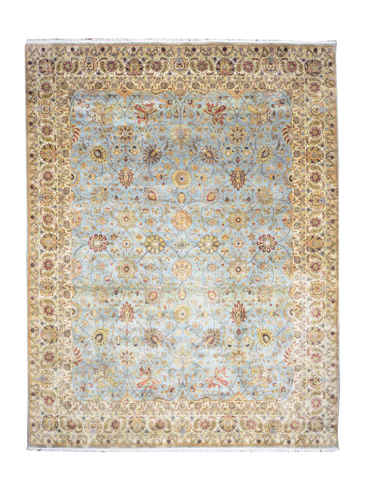 L.Blue and Ivory, Pure Wool Regular Traditional Handknotted 12.1x14.11Ft 369x454Cms Area Rug