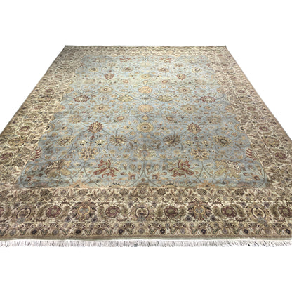 L.Blue and Ivory, Pure Wool Regular Traditional Handknotted 12.1x14.11Ft 369x454Cms Area Rug