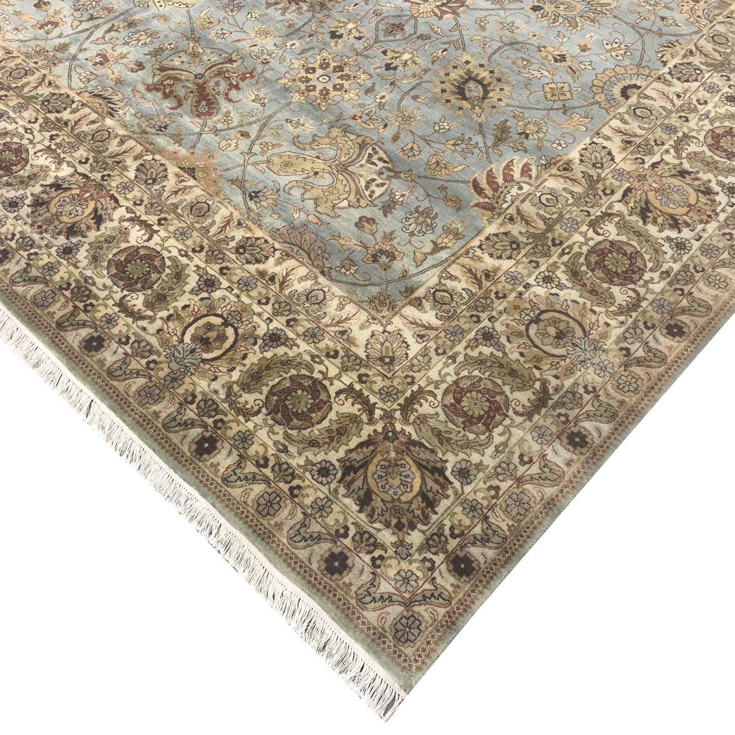 L.Blue and Ivory, Pure Wool Regular Traditional Handknotted 12.1x14.11Ft 369x454Cms Area Rug