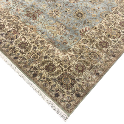 L.Blue and Ivory, Pure Wool Regular Traditional Handknotted 12.1x14.11Ft 369x454Cms Area Rug