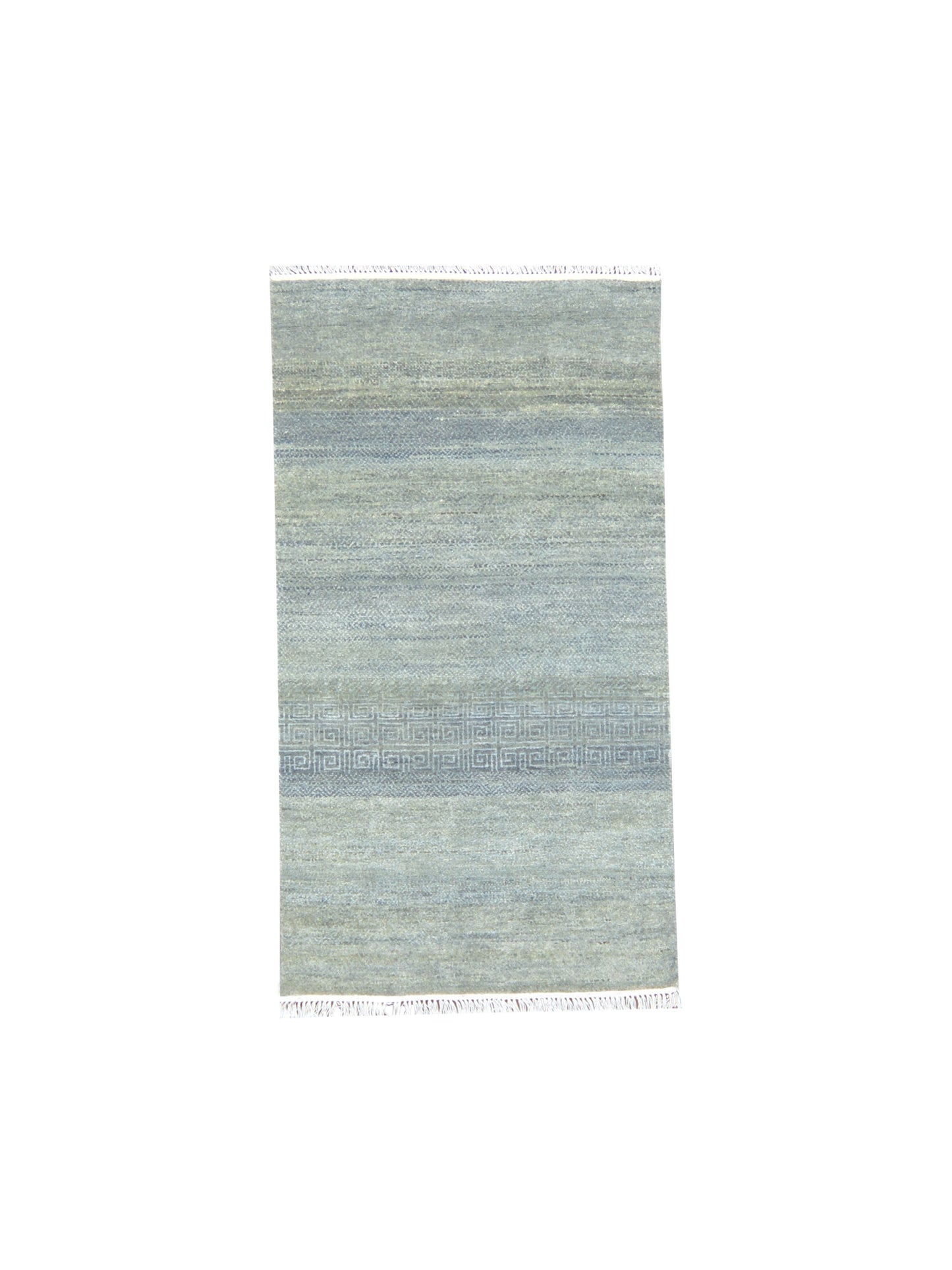 Grey and Green, Silk and Wool Oxidized Modern Handknotted 2.11x5.3Ft 88x160Cms Area Rug