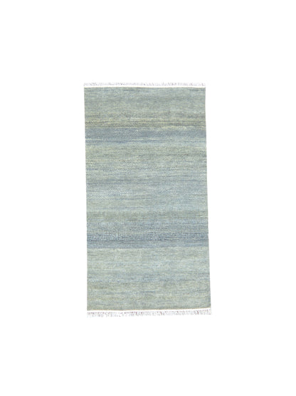 Grey and Green, Silk and Wool Oxidized Modern Handknotted 2.11x5.3Ft 88x160Cms Area Rug
