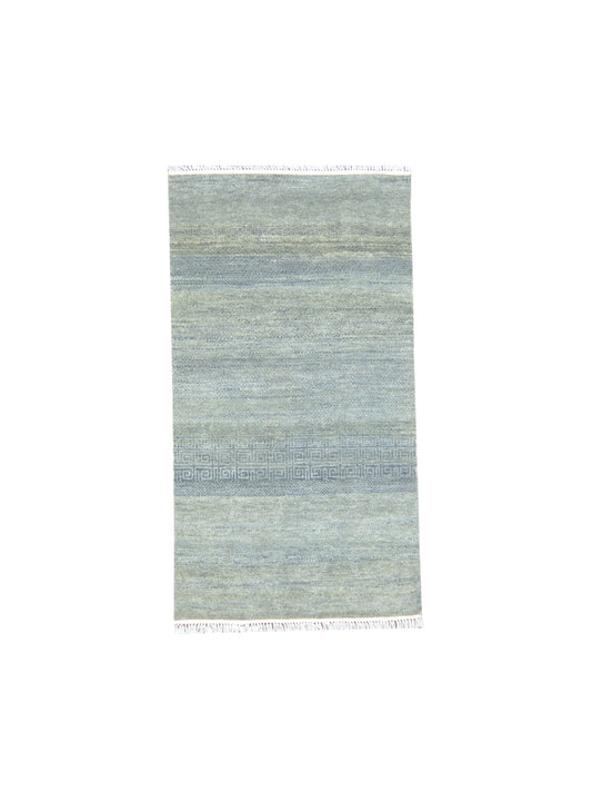 Grey and Green, Silk and Wool Oxidized Modern Handknotted 2.11x5.3Ft 88x160Cms Area Rug