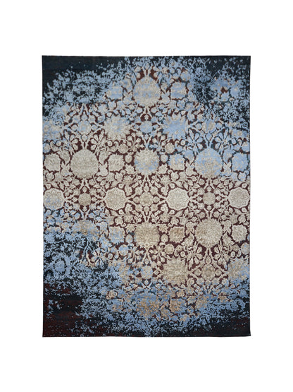 Erased Black, Blue and Red Transitional Agra Handknotted Area Rug