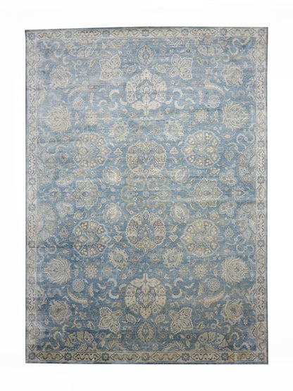 Blue and Silver Pure Silk Traditional Luxury Handknotted Area Rug