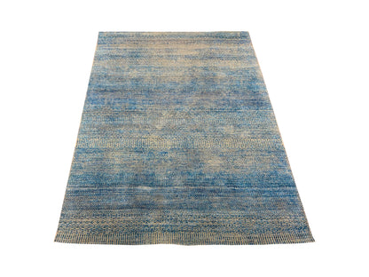 Silver Blue Silk Wool Modern Handknotted Area Rug 4.5x5.11Ft 134x180Cms