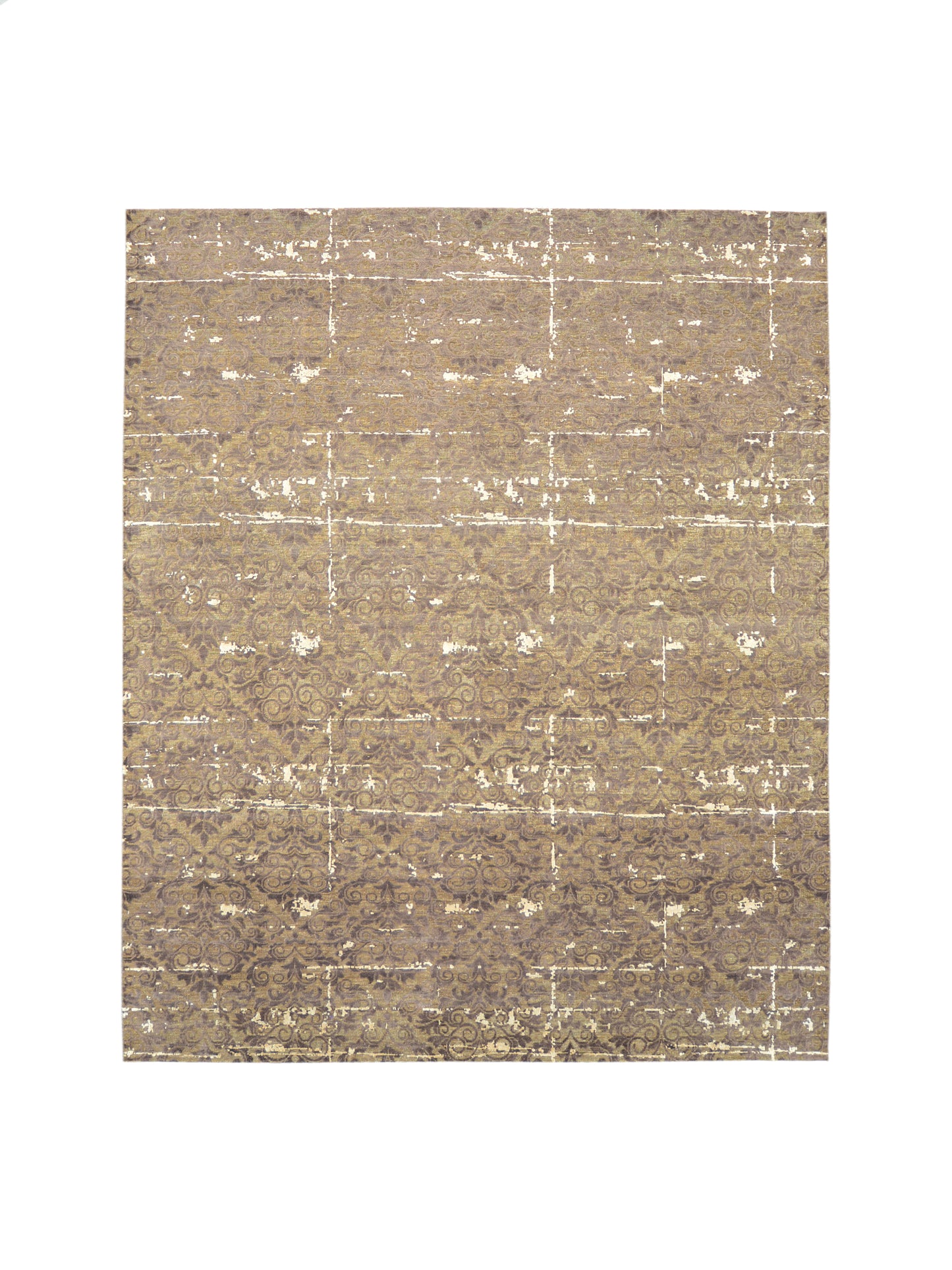 Brown and Ivory Viscose and Wool Transitional Damask Handknotted 7.11x9.6Ft 243x288Cms Area Rug