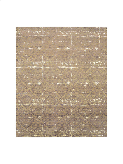 Brown and Ivory Viscose and Wool Transitional Damask Handknotted 7.11x9.6Ft 243x288Cms Area Rug