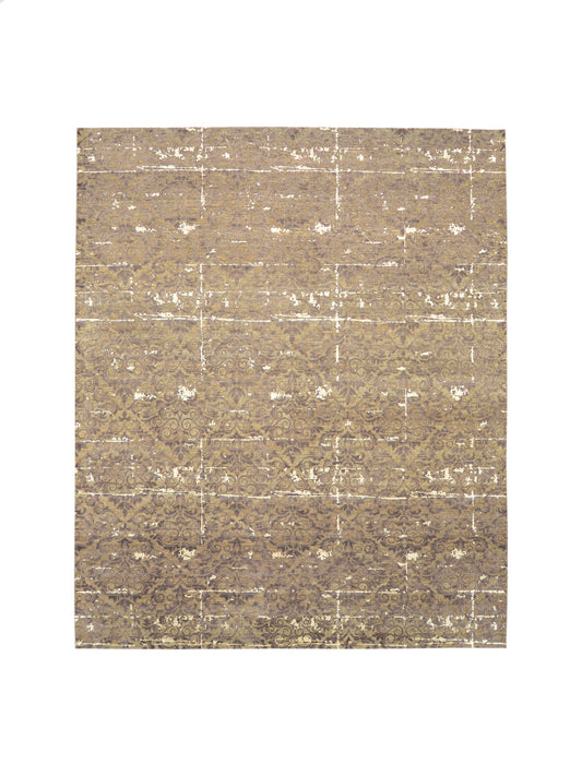 Brown and Ivory Viscose and Wool Transitional Damask Handknotted 7.11x9.6Ft 243x288Cms Area Rug