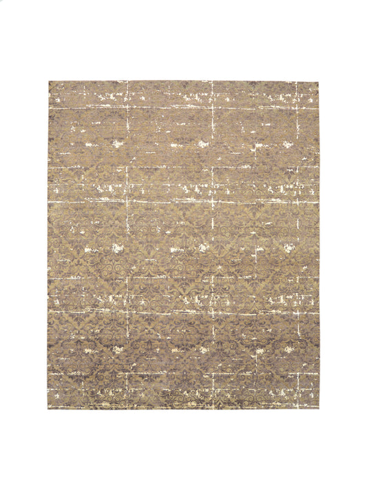 Brown and Ivory Viscose and Wool Transitional Damask Handknotted Area Rug