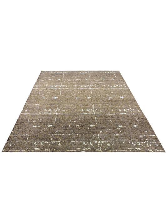 Brown and Ivory Viscose and Wool Transitional Damask Handknotted 7.11x9.6Ft 243x288Cms Area Rug