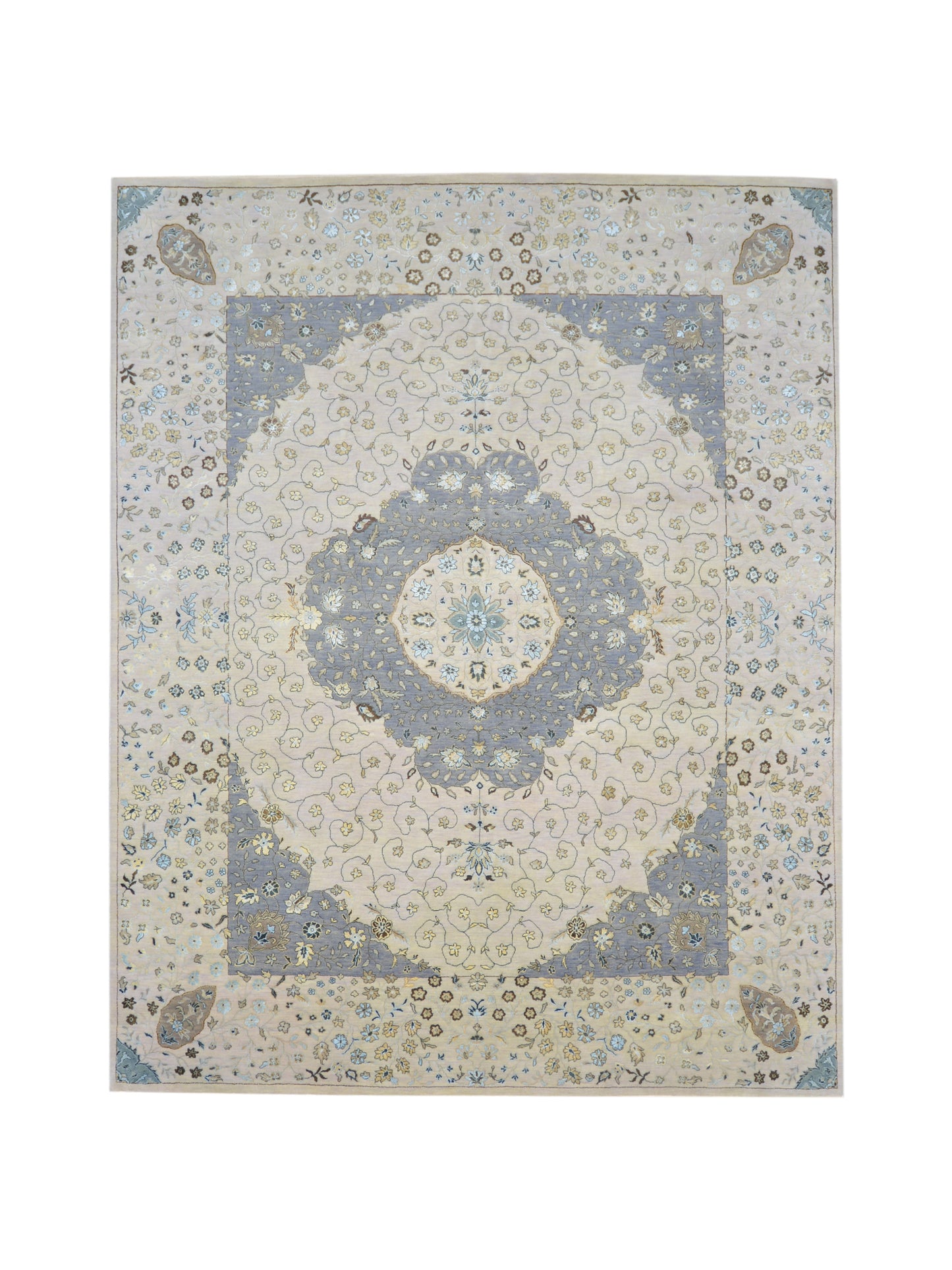 Ivory and Grey, Silk and Wool Hi-Lo Traditional Handknotted 8.0x10.2Ft 244x308Cms Area Rug