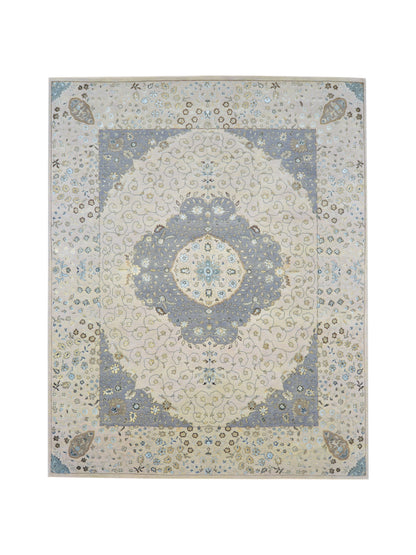 Ivory and Grey, Silk and Wool Hi-Lo Traditional Handknotted 8.0x10.2Ft 244x308Cms Area Rug