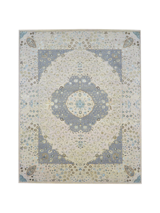 Ivory and Grey, Silk and Wool Hi-Lo Traditional Handknotted 8.0x10.2Ft 244x308Cms Area Rug