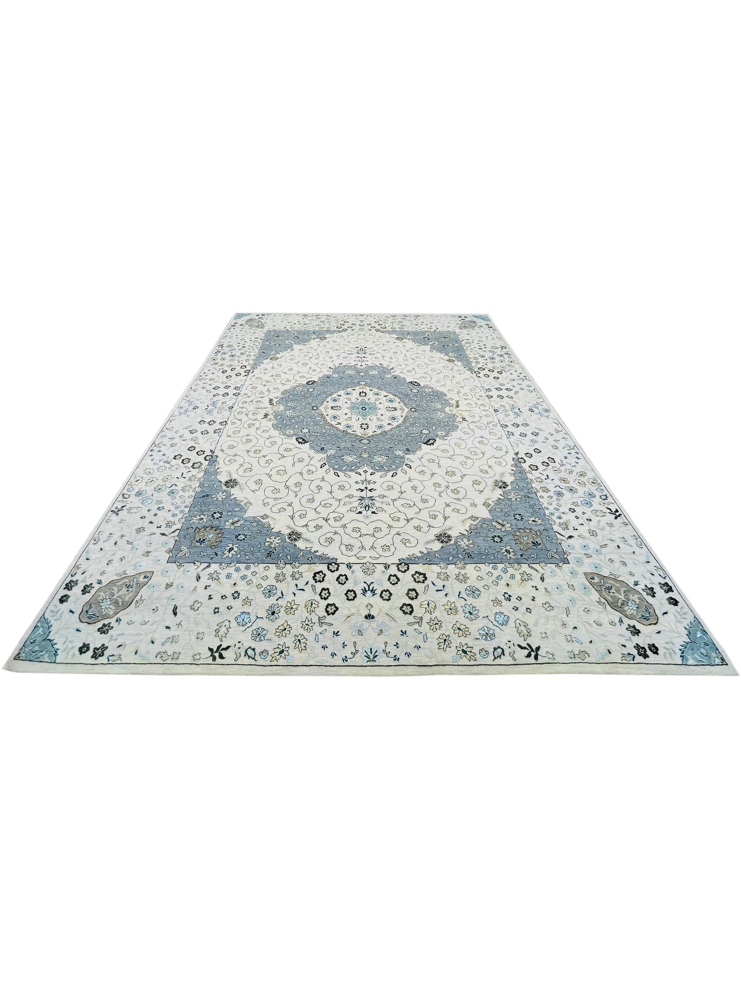 Ivory and Grey, Silk and Wool Hi-Lo Traditional Handknotted 8.0x10.2Ft 244x308Cms Area Rug