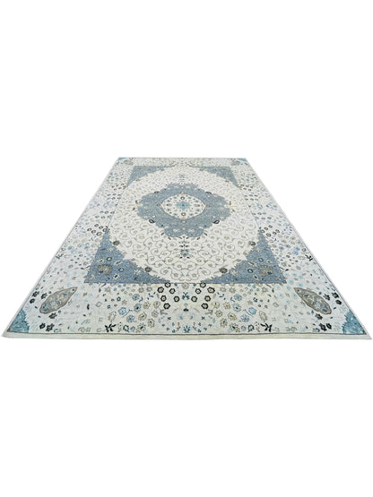 Ivory and Grey, Silk and Wool Hi-Lo Traditional Handknotted 8.0x10.2Ft 244x308Cms Area Rug