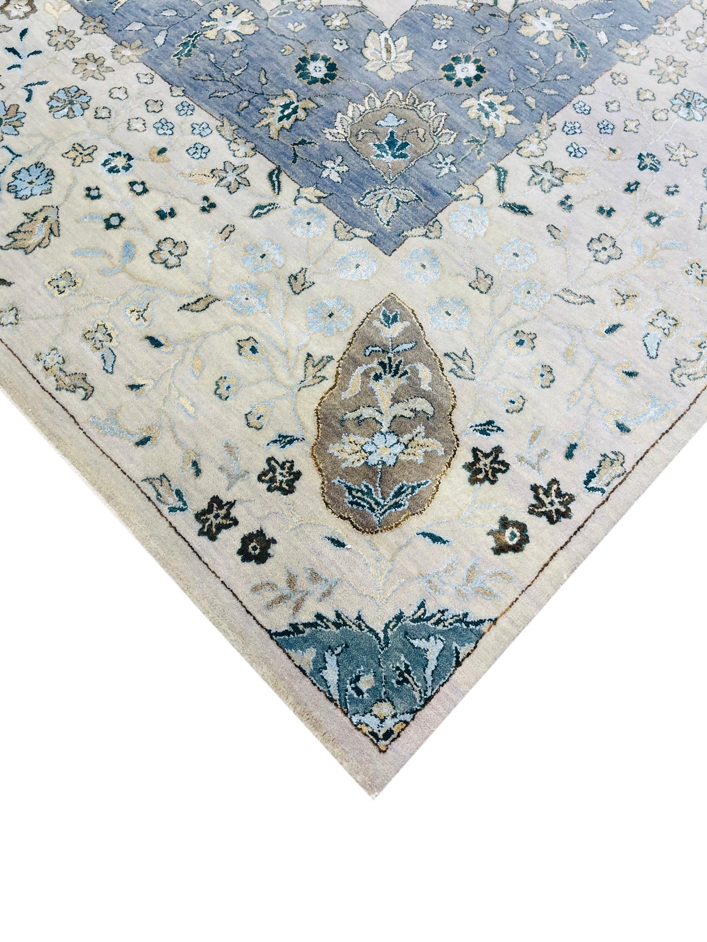 Ivory and Grey, Silk and Wool Hi-Lo Traditional Handknotted 8.0x10.2Ft 244x308Cms Area Rug