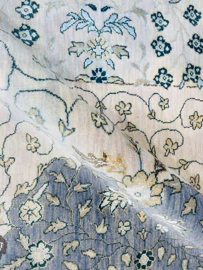 Ivory and Grey, Silk and Wool Hi-Lo Traditional Handknotted 8.0x10.2Ft 244x308Cms Area Rug