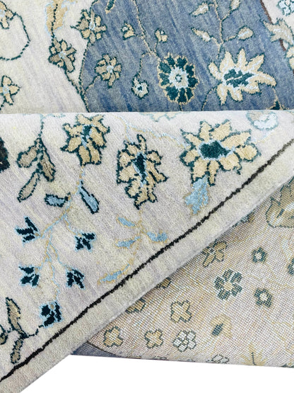 Ivory and Grey, Silk and Wool Hi-Lo Traditional Handknotted 8.0x10.2Ft 244x308Cms Area Rug