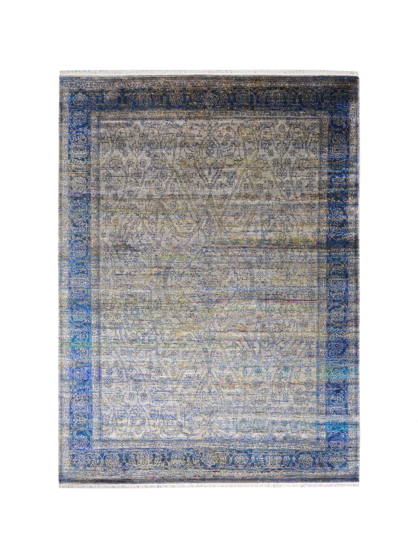Grey Blue, Pure Viscose Traditional Handknotted 8.11x12.0Ft 270x365Cms Area Rug