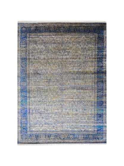 Grey Blue, Pure Viscose Traditional Handknotted 8.11x12.0Ft 270x365Cms Area Rug