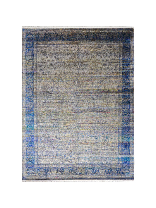 Grey Blue, Pure Viscose Traditional Handknotted 8.11x12.0Ft 270x365Cms Area Rug