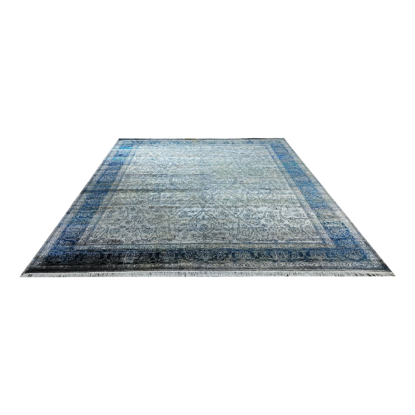 Grey Blue, Pure Viscose Traditional Handknotted 8.11x12.0Ft 270x365Cms Area Rug