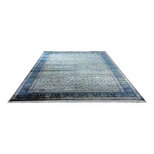 Grey Blue, Pure Viscose Traditional Handknotted 8.11x12.0Ft 270x365Cms Area Rug
