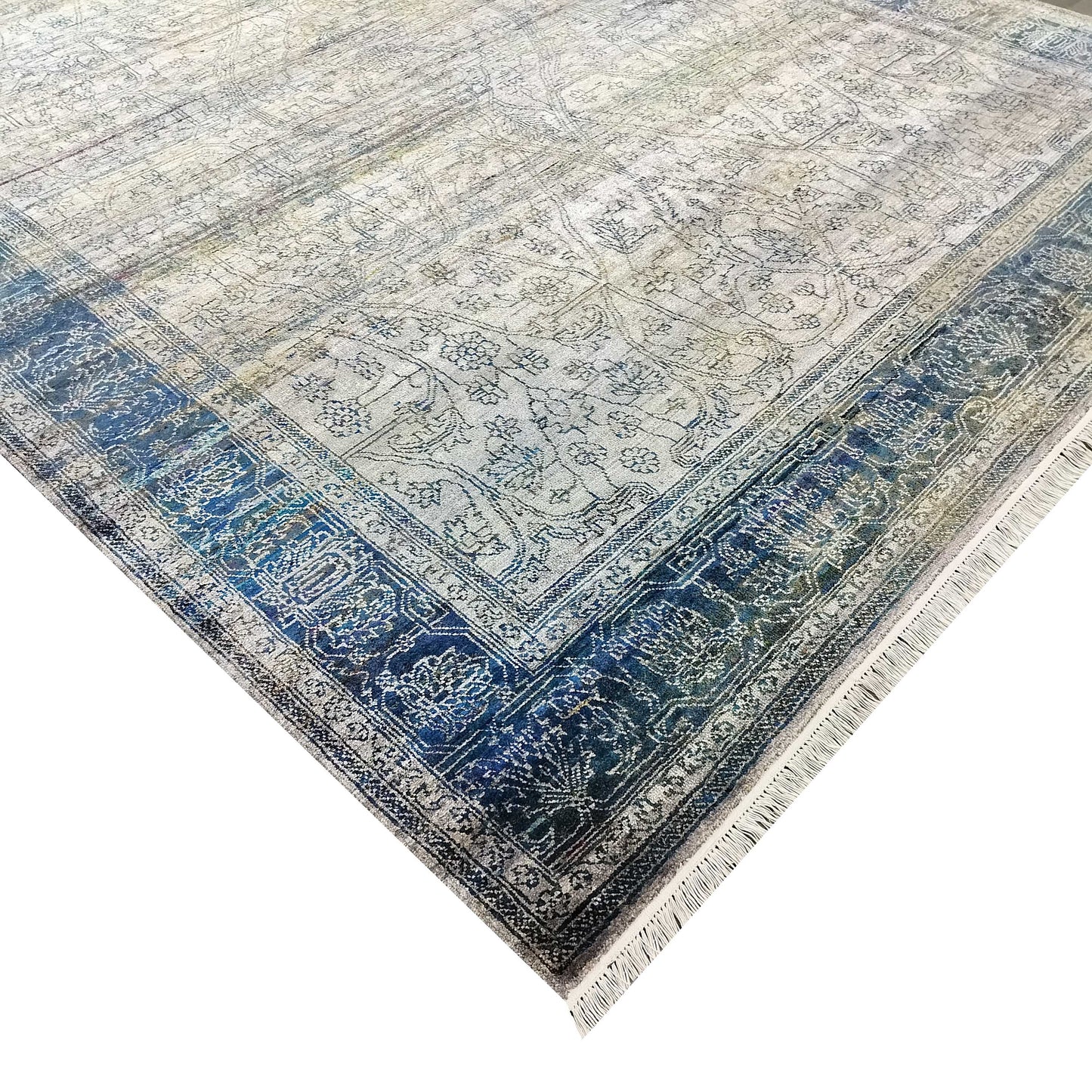 Grey Blue, Pure Viscose Traditional Handknotted 8.11x12.0Ft 270x365Cms Area Rug