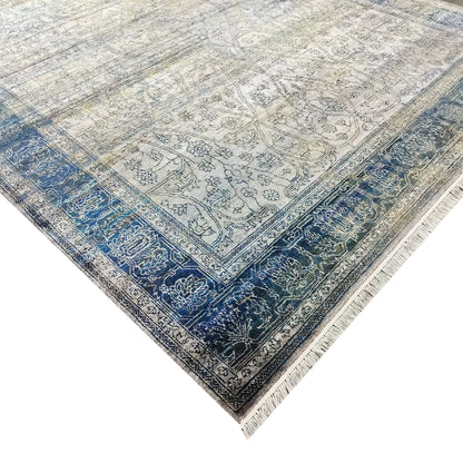 Grey Blue, Pure Viscose Traditional Handknotted 8.11x12.0Ft 270x365Cms Area Rug