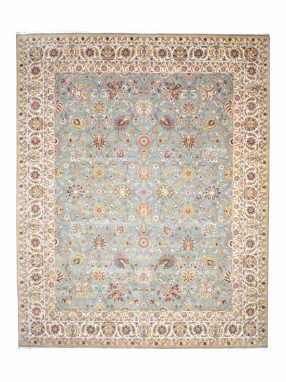 L.Blue and Ivory, Pure Wool Regular Traditional Handknotted 12.2x14.11Ft 370x446Cms Area Rug