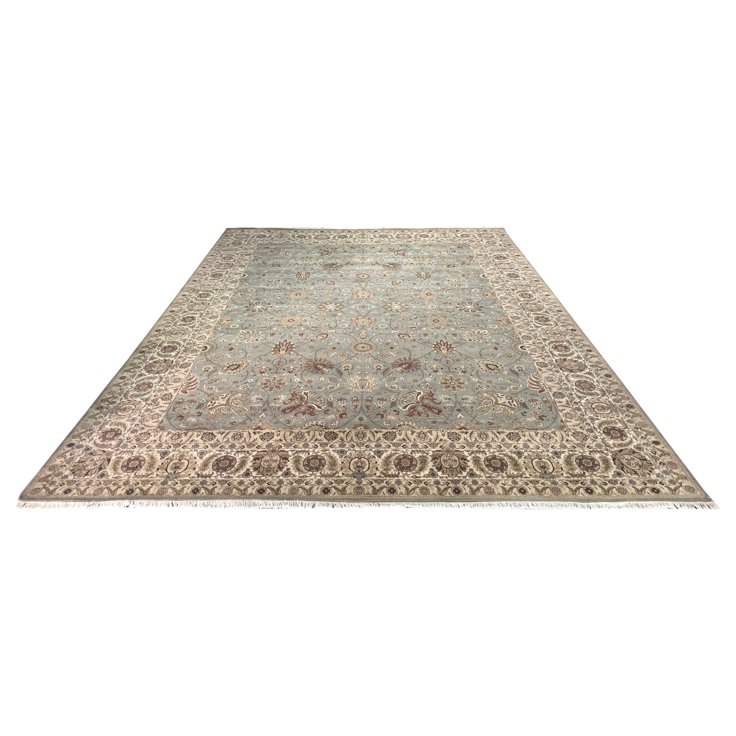 L.Blue and Ivory, Pure Wool Regular Traditional Handknotted 12.2x14.11Ft 370x446Cms Area Rug