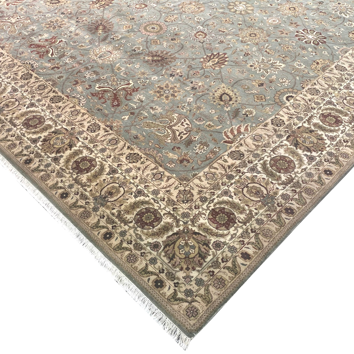 L.Blue and Ivory, Pure Wool Regular Traditional Handknotted 12.2x14.11Ft 370x446Cms Area Rug