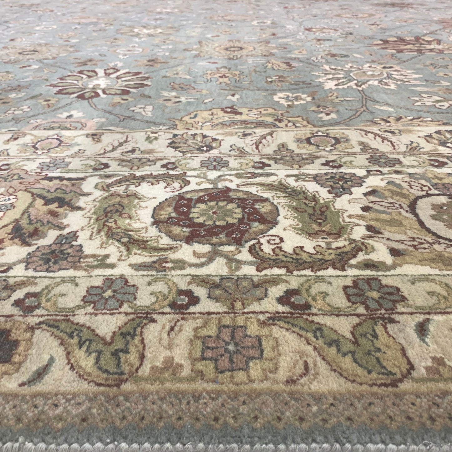 L.Blue and Ivory, Pure Wool Regular Traditional Handknotted 12.2x14.11Ft 370x446Cms Area Rug