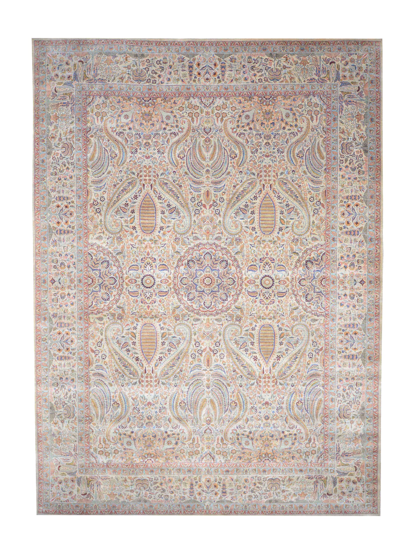 Ivory and Blue, Pure Wool Regular Traditional Handknotted 12.0x15.11Ft 366x486Cms Area Rug