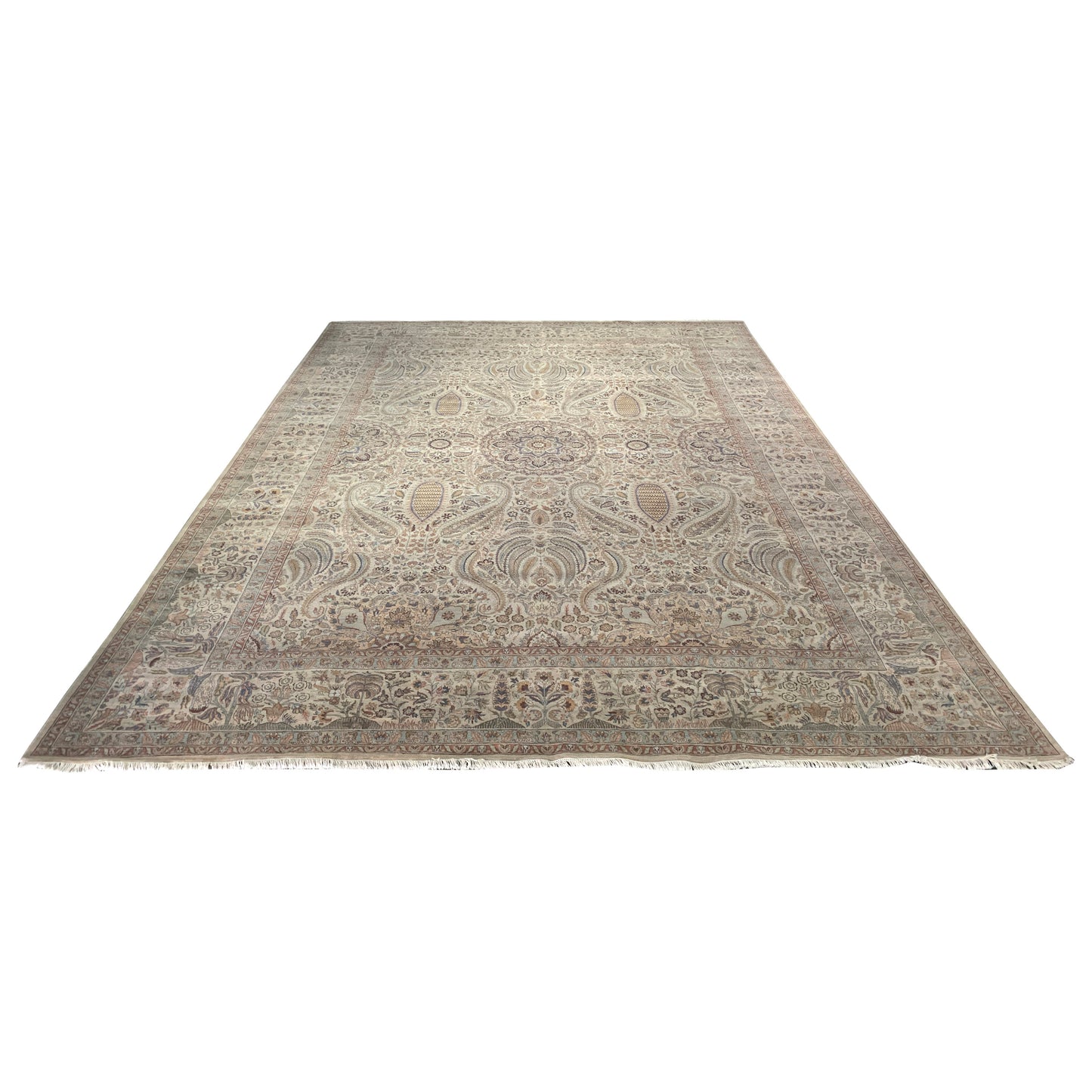 Ivory and Blue, Pure Wool Regular Traditional Handknotted 12.0x15.11Ft 366x486Cms Area Rug
