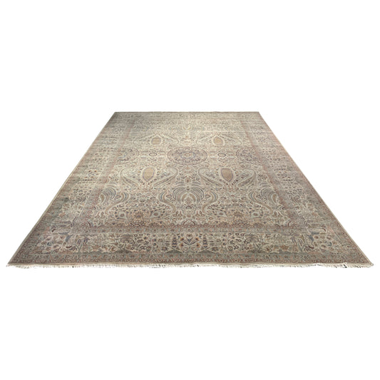 Ivory and Blue, Pure Wool Regular Traditional Handknotted 12.0x15.11Ft 366x486Cms Area Rug