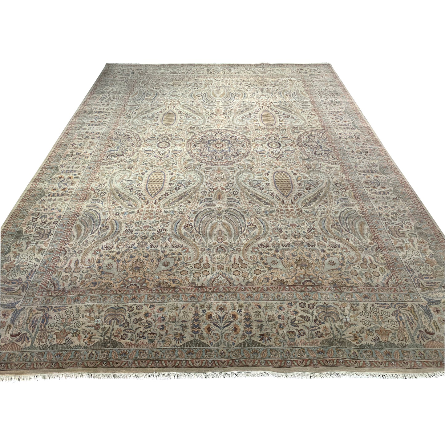 Ivory and Blue, Pure Wool Regular Traditional Handknotted 12.0x15.11Ft 366x486Cms Area Rug