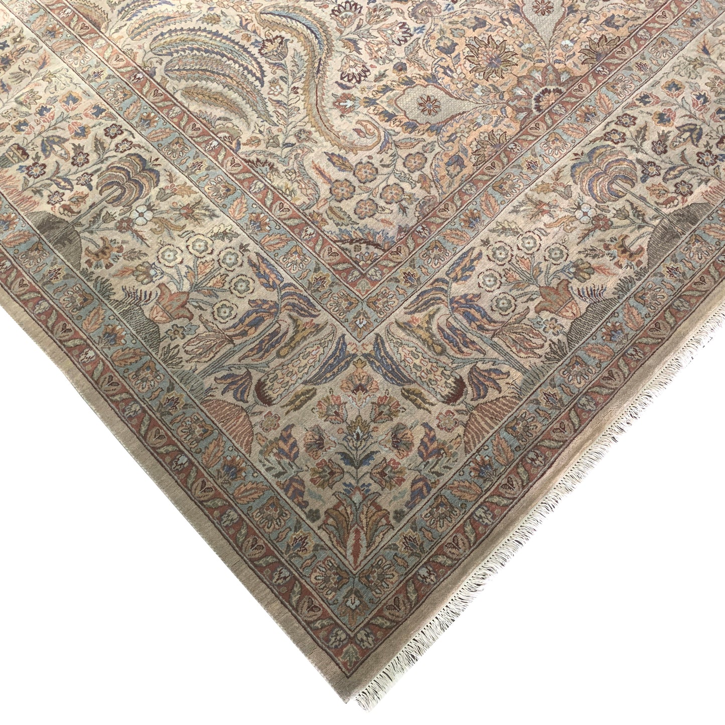 Ivory and Blue, Pure Wool Regular Traditional Handknotted 12.0x15.11Ft 366x486Cms Area Rug