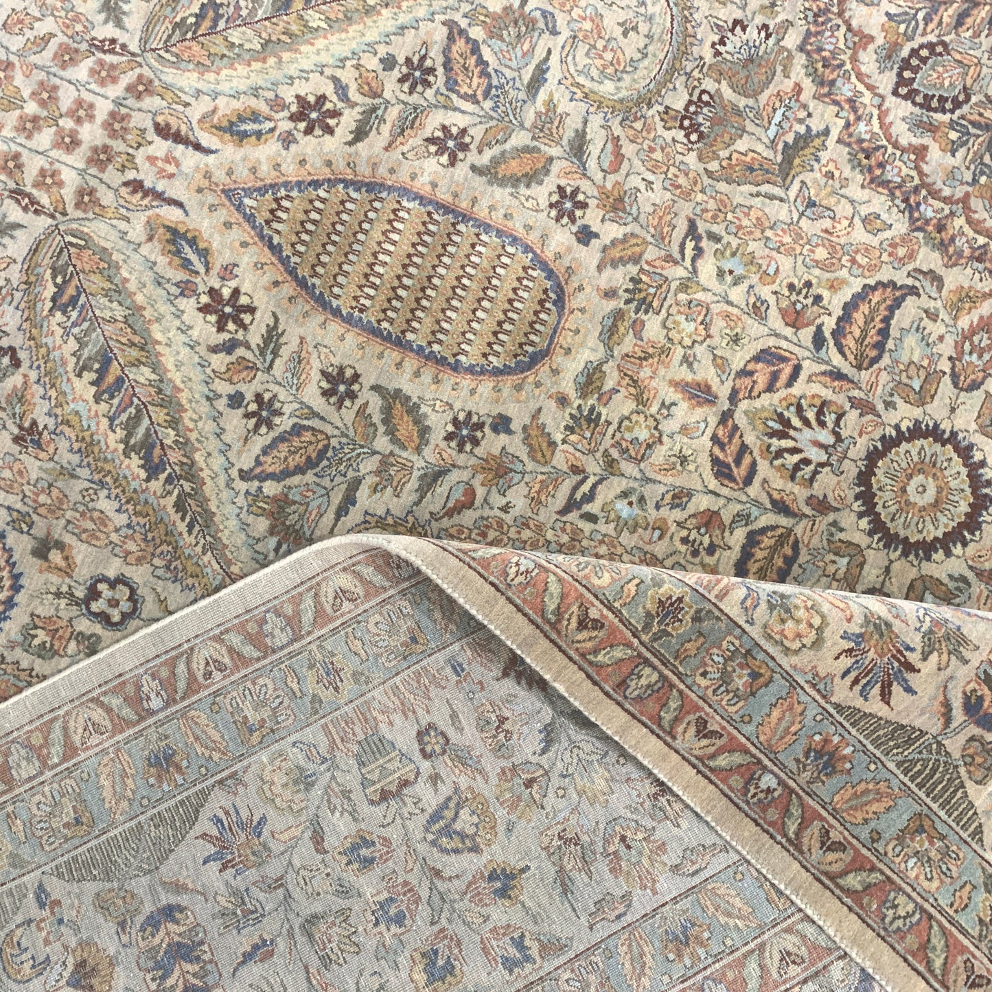 Ivory and Blue, Pure Wool Regular Traditional Handknotted 12.0x15.11Ft 366x486Cms Area Rug