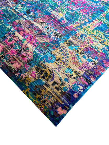 Blue Multy, Pure Sari Silk Transitional Handknotted 7.7x9.8Ft 230x293Cms Area Rug