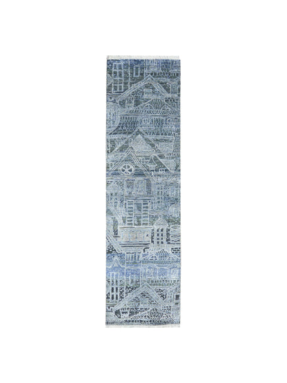 Grey, Silver and Blue Silk and Wool Modern Handknotted Runner Rug