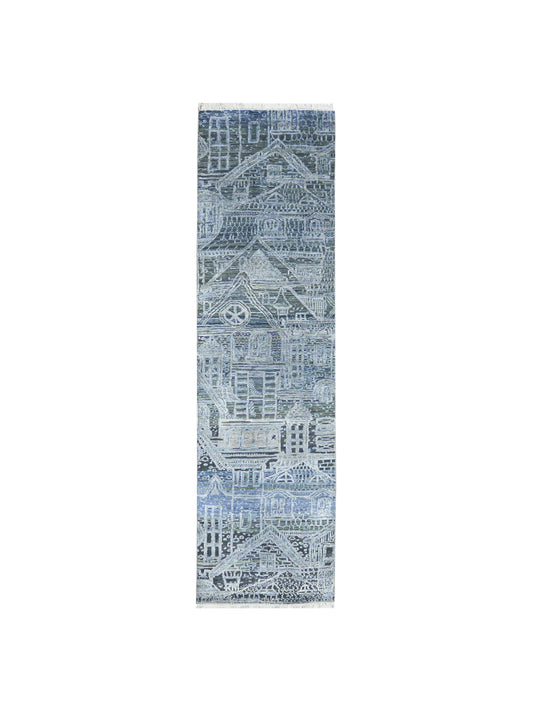 Grey, Silver and Blue Silk and Wool Modern Handknotted Runner Rug